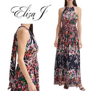 Eliza J, Floral Halter Tie Neck Maxi Dress,‎ Navy, Orange, Purple, Blue